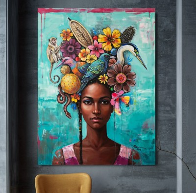 Leinwandbild mit Porträt und exotischen Blumen auf Türkis