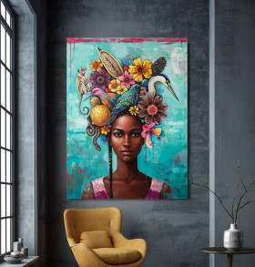 Leinwandbild mit Porträt und exotischen Blumen auf Türkis Leinwandbild mit Porträt und exotischen Blumen auf Türkis