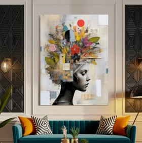 Abstraktes Leinwandbild mit Frauenprofil und floralen Akzenten Abstraktes Leinwandbild mit Frauenprofil und floralen Akzenten