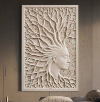 Relief Wandbild mit stilisiertem Frauenprofil und Baumkrone