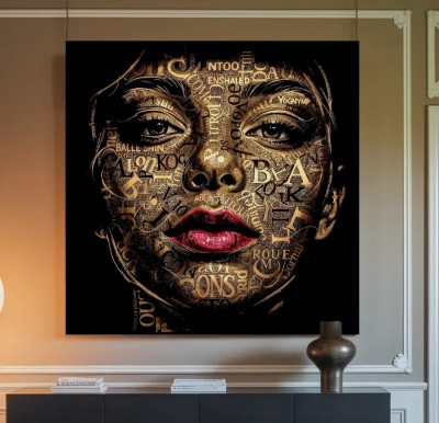Typografisches Leinwandbild eines stilisierten Frauengesichts in Gold und Schwarz