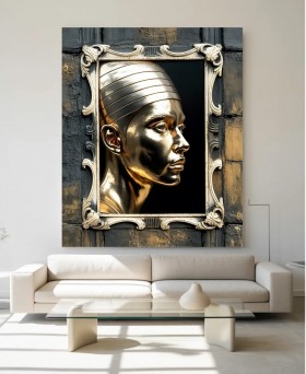 Elegantes Leinwandbild mit goldener Frauenbüste im Ornamentrahmen Elegantes Leinwandbild mit goldener Frauenbüste im Ornamentrahmen
