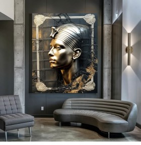 Kunstdruck mit metallischer Frauenporträt-Skulptur und dekorativem Rahmen Kunstdruck mit metallischer Frauenporträt-Skulptur und dekorativem Rahmen