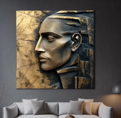 Abstraktes Leinwandbild mit skulpturalem Profil in Gold und Schwarz