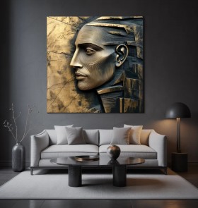 Abstraktes Leinwandbild mit skulpturalem Profil in Gold und Schwarz Abstraktes Leinwandbild mit skulpturalem Profil in Gold und Schwarz