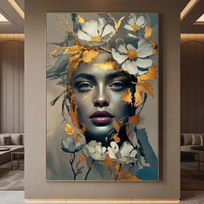 Elegantes Leinwandbild mit floralem Frauenporträt in Blau und Gold