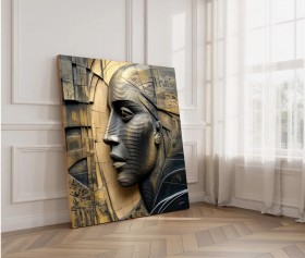 Abstraktes Leinwandbild mit skulpturalem Frauenprofil in Gold und Schwarz Abstraktes Leinwandbild mit skulpturalem Frauenprofil in Gold und Schwarz