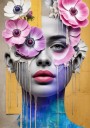 Abstraktes Leinwandbild mit floraler Porträtcollage in Rosa und Gelb