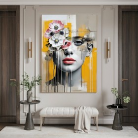 Abstraktes Leinwandbild mit floralem Porträt in Gelb und Grau Abstraktes Leinwandbild mit floralem Porträt in Gelb und Grau