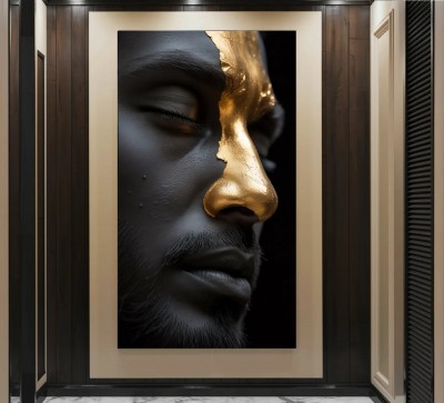 Abstraktes Leinwandbild mit schwarzem Gesicht und goldener Kontur
