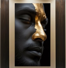 Abstraktes Leinwandbild mit schwarzem Gesicht und goldener Kontur Abstraktes Leinwandbild mit schwarzem Gesicht und goldener Kontur