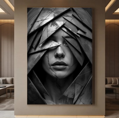 Abstraktes Leinwandbild mit fragmentiertem Gesicht in Grau