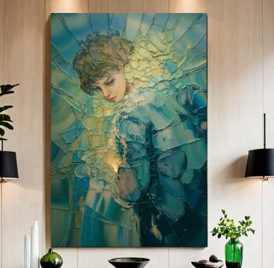 Abstraktes Leinwandbild mit expressivem Porträt in Türkis und Gold