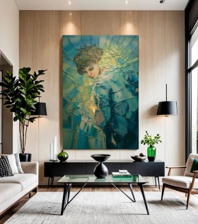 Abstraktes Leinwandbild mit expressivem Porträt in Türkis und Gold Abstraktes Leinwandbild mit expressivem Porträt in Türkis und Gold