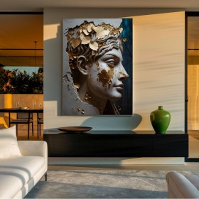 Skulpturales Wandbild mit goldenen Blättern und antikem Gesicht Skulpturales Wandbild mit goldenen Blättern und antikem Gesicht