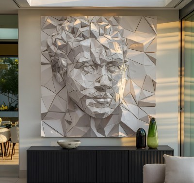 Abstraktes Wandbild mit geometrischem Porträt in hellen Grautönen 3D