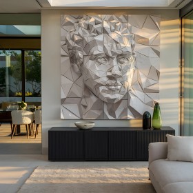 Abstraktes Wandbild mit geometrischem Porträt in hellen Grautönen 3D Abstraktes Wandbild mit geometrischem Porträt in hellen Grautönen 3D