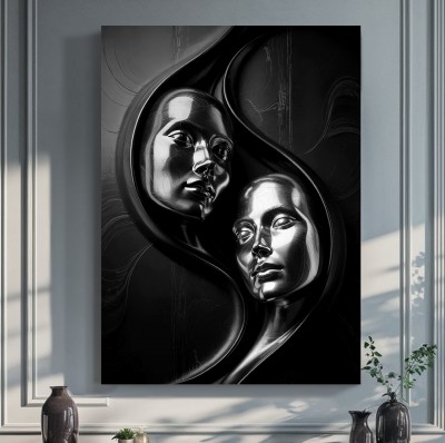 Abstraktes Leinwandbild mit zwei metallischen Gesichtern in Schwarz und Silber