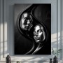 Abstraktes Leinwandbild mit zwei metallischen Gesichtern in Schwarz und Silber