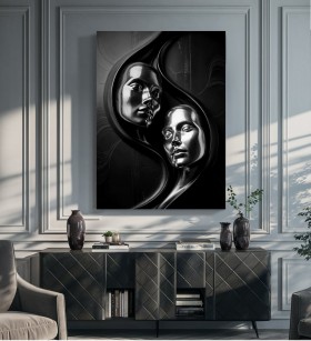 Abstraktes Leinwandbild mit zwei metallischen Gesichtern in Schwarz und Silber Abstraktes Leinwandbild mit zwei metallischen Gesichtern in Schwarz und Silber