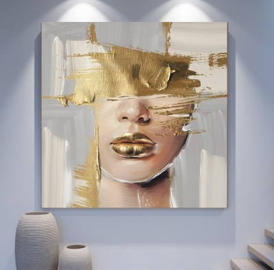 Abstraktes Leinwandbild mit goldenem Porträt und breiten Pinselstrichen