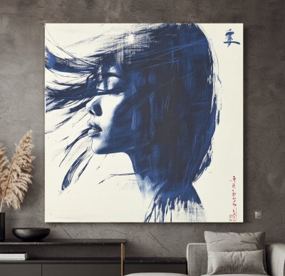 Abstraktes Leinwandbild einer Frau in Blau