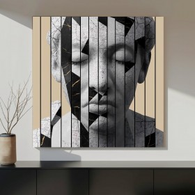 Abstraktes Leinwandbild mit fragmentiertem Gesicht in Schwarz Weiß Abstraktes Leinwandbild mit fragmentiertem Gesicht in Schwarz Weiß