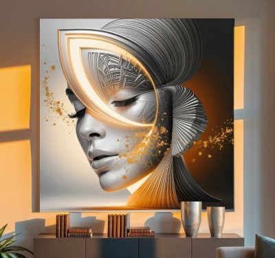 Abstraktes Leinwandbild mit stilisierter Frauenfigur in Gold und Grau