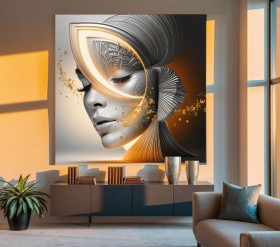 Abstraktes Leinwandbild mit stilisierter Frauenfigur in Gold und Grau Abstraktes Leinwandbild mit stilisierter Frauenfigur in Gold und Grau