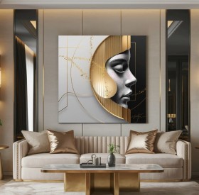 Abstraktes Leinwandbild mit goldener Frauenprofil-Silhouette Abstraktes Leinwandbild mit goldener Frauenprofil-Silhouette