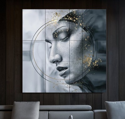 Abstraktes Leinwandbild mit Gesicht in Grau und Gold