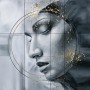 Abstraktes Leinwandbild mit Gesicht in Grau und Gold