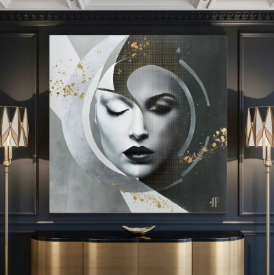 Abstraktes Portrait Leinwandbild in Grau, Schwarz und Gold