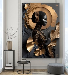 Elegantes Leinwandbild mit schwarzer Frauenfigur und Goldakzenten Elegantes Leinwandbild mit schwarzer Frauenfigur und Goldakzenten