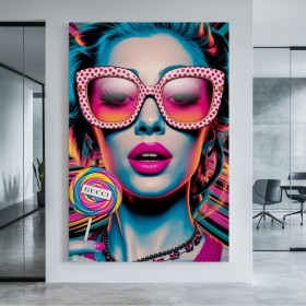 Pop Art Leinwandbild mit Frau, Sonnenbrille und Lollipop Pop Art Leinwandbild mit Frau, Sonnenbrille und Lollipop