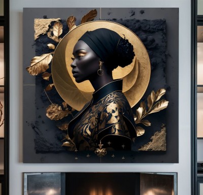 Elegantes Leinwandbild mit stilisierter Frau in Gold und Schwarz