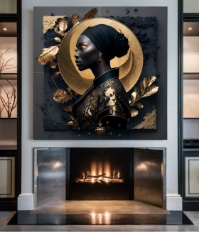 Elegantes Leinwandbild mit stilisierter Frau in Gold und Schwarz Elegantes Leinwandbild mit stilisierter Frau in Gold und Schwarz