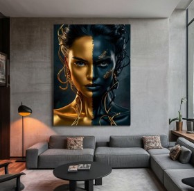 Abstraktes Porträt als Leinwandbild in Gold und Dunkelblau Abstraktes Porträt als Leinwandbild in Gold und Dunkelblau