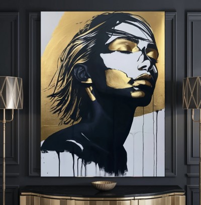 Modernes Leinwandbild mit abstraktem Porträt in Schwarz und Gold