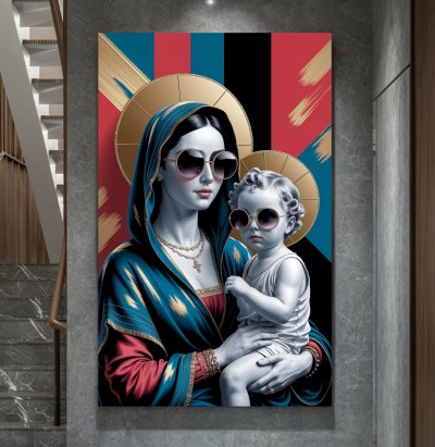Moderne Madonna mit Kind als farbstarkes Leinwandbild