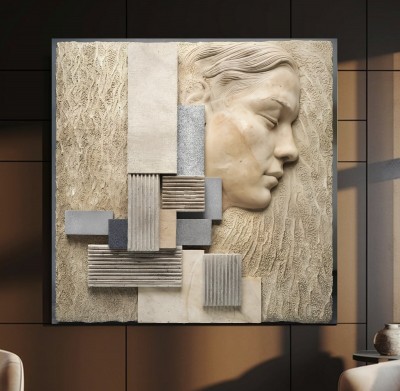 Abstraktes Leinwandbild mit skulpturalem Frauenprofil in Beige und Grau