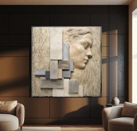 Abstraktes Leinwandbild mit skulpturalem Frauenprofil in Beige und Grau Abstraktes Leinwandbild mit skulpturalem Frauenprofil in Beige und Grau