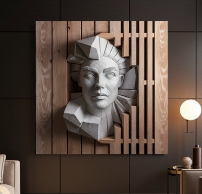 Abstraktes 3D Wandbild mit skulpturalem Gesicht in Holzoptik 3D