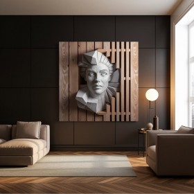 Abstraktes 3D Wandbild mit skulpturalem Gesicht in Holzoptik 3D Abstraktes 3D Wandbild mit skulpturalem Gesicht in Holzoptik 3D