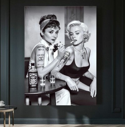 Schwarzweißes Leinwandbild mit glamourösem Pop Art Porträt