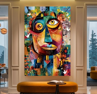 Abstraktes Leinwandbild mit farbigem Gesicht und großen Augen