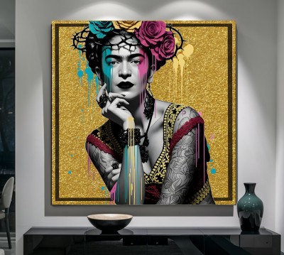 Frida-inspiriertes Leinwandbild mit goldener Collage und floralen Akzenten