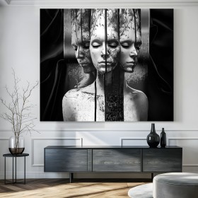Abstraktes Leinwandbild mit dreifacher Frauenfigur in Schwarzweiß Abstraktes Leinwandbild mit dreifacher Frauenfigur in Schwarzweiß