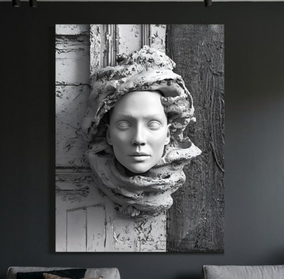 Monochromes Leinwandbild mit skulpturaler Maske und rauer Struktur 3D