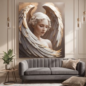 Elegantes Leinwandbild mit Engel und goldenen Flügeln Elegantes Leinwandbild mit Engel und goldenen Flügeln